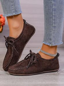 Giày nữ mũi tròn buộc dây đế mềm, chất liệu da lộn màu trơn, nhẹ và thoải mái cho mang hàng ngày và du lịch, thích hợp cho mùa xuân. - màu nâu - Xem 2