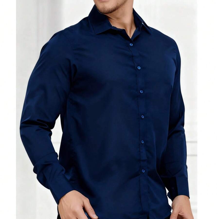 Men's Long-Sleeved Shirt, All Slim Fit Type, Luxury Premium - Xanh đậm - Xem 1