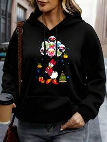 Disney Women Hoodie White Minnie Mouse Christmas Balloons And Tree Print Casual Winter Outfit - 黑色 - 查看 1