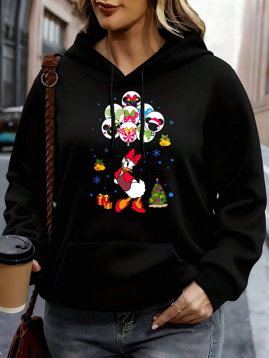 Disney Women Hoodie White Minnie Mouse Christmas Balloons And Tree Print Casual Winter Outfit - 黑色 - 查看 1