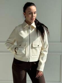 Chaqueta de tweed blanco para mujer con cremallera frontal y bolsillos, estilo de calle para otoño e invierno - Blanco - Ver 6