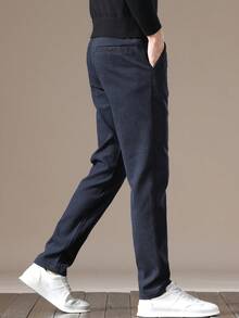 Men's Solid Color Casual Pants With Pockets And Belt Loops - Navy Blue - View 4