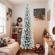 6ft Flocked Pencil Christmas Tree With 358 PVC Branch Tips, Pre Lit Tall Skinny Christmas Tree With 150 Lights, Slim Artificial Christmas Tree With Metal Base, Premium Hinged Xmas Tree For Holiday Christmas Decorations Home Christmas Gifts Christmas Decor - 查看 2