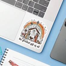 1PC The Greatest Gift Of All Nativity Sticker, Boho Rainbow Laptop Decal, Vintage Christmas Vinyl, Bible Faith Gift, Waterproof Peel & Stick Water Bottle Sticker, Hand-Drawn Computer Accent, Floral Notebook Sticker - Multicolor - View 5