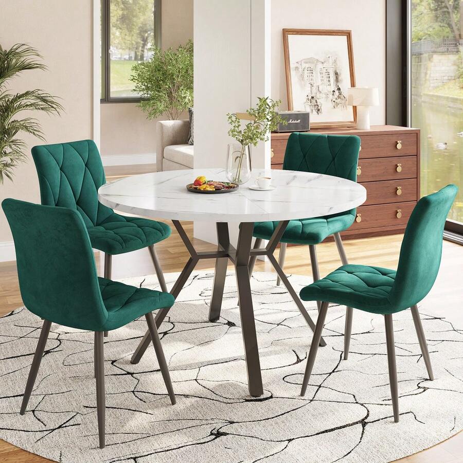 Dining Table Set, Dining Table And Chairs Set (5-Piece Set), Modern And Simple Round Dearmol Dining Table, Gold Metal Table Legs + 4 Ergonomic Velvet Chairs, Beige Dining Chairs - 黑白+綠色+MDF+鋼 - 查看 1