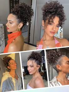 1 pieza Extensión de cabello sintético con moño rizado y ondulado desordenado con cordón elástico para uso diario, cosplay, festivales de música, fiestas y vacaciones de mujeres - Multicolor - Ver 8