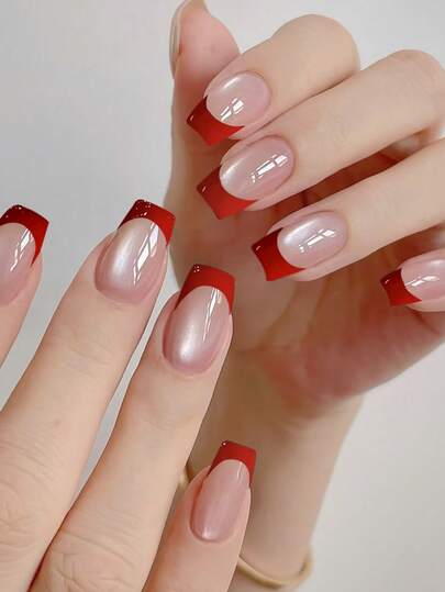 Unhas postiças de pressão média, formato quadrado, borda francesa vermelha, com design olho de gato e microesferas de vidro. Adesivos de unha rosa claro com cobertura total para mulheres e meninas. Conjunto com 24 unidades.