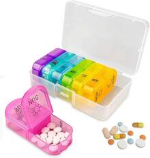 Organizador de Pastilla Semanal, Pastillero con Capacidad de 2 Tomas y 14 Compartimentos, Pastillero Portátil de Viaje para Medicamentos, Organizador Diario de Píldoras - Blanco+multicolor - Ver 12