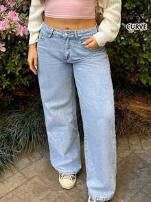 Europejski i amerykański design uliczny Y2K Moda Swobodny nadruk kokardki Sprany Duży rozmiar Elastyczny pas Damskie proste jeansy Wiosna - Jasny jeans - Zobacz 4