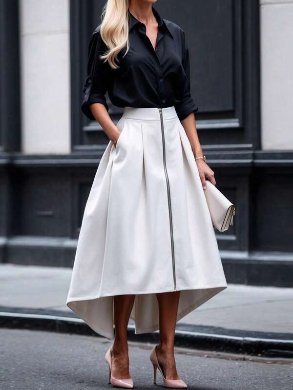 Conjunto de 2 piezas de blusa de manga larga con abotonadura sencilla y falda con cierre de cremallera de color contrastante para mujer, apropiado para ir a la oficina, elegante y casual