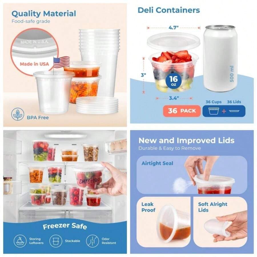 Food Storage Containers with Lids, Round Plastic Cups, US Made, 16 oz, Pint Size, Leak Proof, Airtight, Microwave Dishwasher Safe, Stackable, Reusable, White 36 Pack - 16 onzas - Ver 1