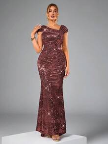 CHOSMO Đầm maxi dự tiệc mùa xuân, ôm sát eo cao, đính sequin, thanh lịch, thích hợp cho đám cưới. - Màu Đỏ Sâu - Xem 3