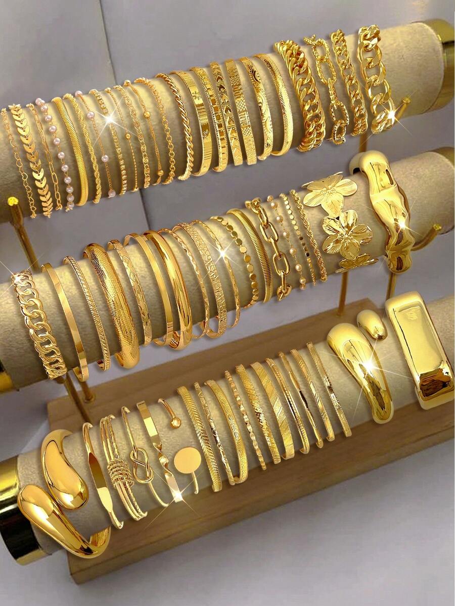 25/20/15/10/5pcs Multi-Piece Stackable Chunky, Vintage, Elegant Geometric, Water Drop, Floral Embossed, Faux Pearl, Heart, Geometric Beaded, Twisted Knot, Chain Link, Twisted Rope, Airplane, Bow, Smooth Plain Bangle Bracelet Set, Fashion, Minimalist, Graceful, Delicate, Retro Design, Suitable For Holiday, Party, Date, Gift, Daily Wear - Yellow Gold - View 1