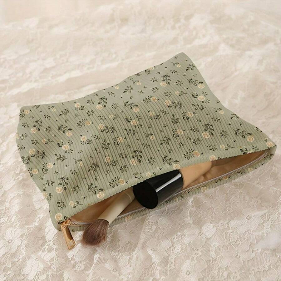 1pc Green Floral Pattern Corduroy Cosmetic Bag With Zipper, Portable Makeup Pouch, Multifunctional Toiletry Organizer With Inner Lining, Polyester, Random Print Design, Travel Toiletry Makeup Bag , Makeup Room Decor - Green - View 1