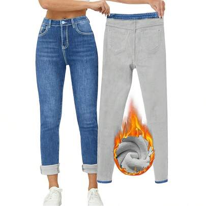 Thermal Lined Skinny Washed Denim Jeans, Winter Casual