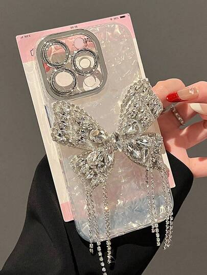 奢华闪光 3D 水钻心形支架银色亮片滴胶手机壳适用于 iPhone16 15 14 13 12 11 Pro Max 15 14 Plus 手机壳银色串珠手链防震后盖防水防摔防刮