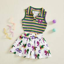 2Pcs/ Set Toddler Baby Girl Carnival Games Outfit Summer Sleeveless Lapel Collar Solid Color/Striped Vest Tops With Pleated Skirt Set - trắng - Xem 6