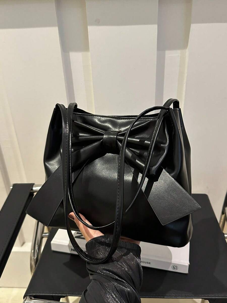 1个纯色PU皮革女士单肩包,超轻便携,时尚蝴蝶结装饰,优雅大容量,完美的情人节礼物,蝴蝶结钱包,最佳情人节礼物之选 - 黑色 - 查看 1