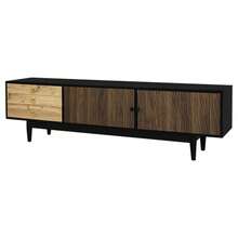 Fernsehschrank, Lowboard Mit Türpaneelen Mit Wasserwellenmuster Und Drei Schubladen In Einem Farbschema Aus Holz Und Schwarz - Black + Natural Colors - View 5