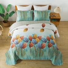 3Pcs Multicolor Leaf Queen King Double Bedspread Coverlet Bedding Sets (1 Quilt + 2 Pillow Cases), Fashion Leaf Design, Fresh & Minimalist, Comfortable Soft Breathable, Suitable For Wedding Items, Valentines Day Home Bed Room Decor, Mothers Day Gift, All Season - 彩色 - 查看 3