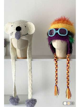 Snorig Koala Söt Koala Plyschflätad Öronlappsmössa, Tjock Varm Stickad Mössa, Mångsidig Mössa, Färgglad Fluffig Pom Pom Stickad Mössa, Varm Vindtät Öronlappsmössa, Rolig Flygarmössa, Söt Luddig Stickad Mössa För Damer, Höst/Vinter