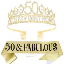 50th Gold Birthday Decorations, 50th Birthday Gifts For Her 50 Year Old Gifts For Women, Happy 50th Birthday Party Favors, 50 And Fabulous Birthday Sash & Crown Tiara{Inchcolorinch:Inch50thinch} - 第五十屆 - 查看 1