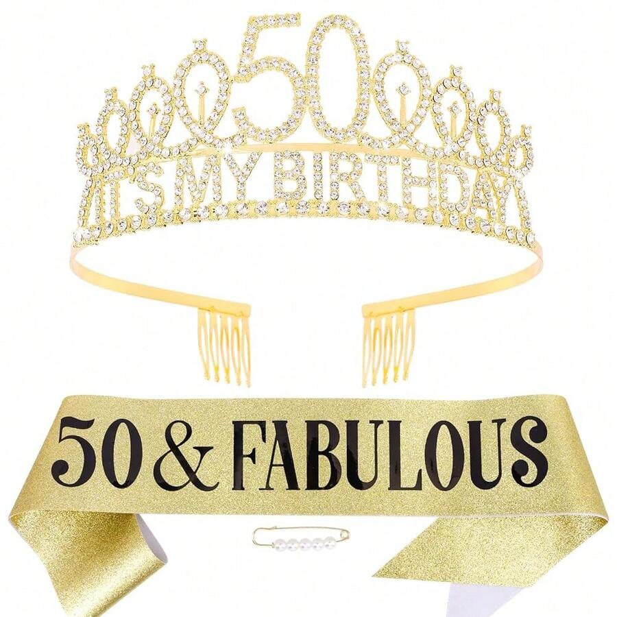 50th Gold Birthday Decorations, 50th Birthday Gifts For Her 50 Year Old Gifts For Women, Happy 50th Birthday Party Favors, 50 And Fabulous Birthday Sash & Crown Tiara{Inchcolorinch:Inch50thinch} - 第五十屆 - 查看 1