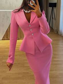 2pcs/Set Elegant Business Formal Suit Blazer + Slit Hem Skirt Outfit Spring - Hot Pink - View 3