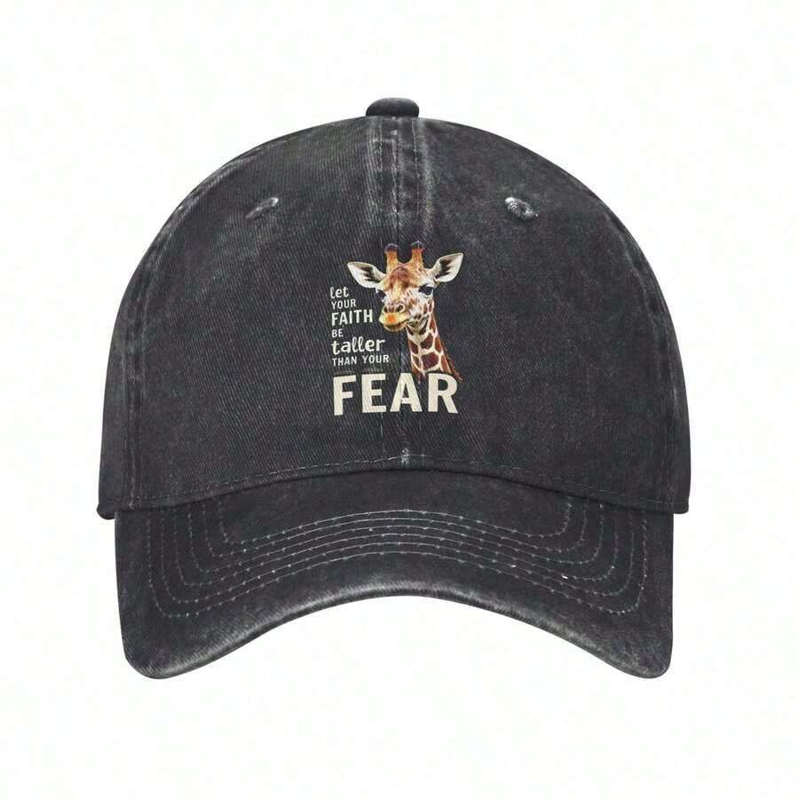 Keep Your Faith Above Fear Giraffe 3 Mens And Womens Washable Hat, Funny Graphic Print Text Letters Unisex Adult Adjustable Baseball Cap, Fashion Casual Sun Hat Washed Denim Baseball Cap Made In USA - Multicolor - View 1