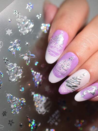 1 Sheet 3D Iridescent Christmas Nail Art Stickers Festive Snowflake, Christmas Tree & Merry Christmas Decals Winter Holiday Nail Design Kit