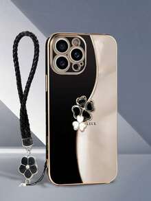 1 pezzo Custodia per telefono in TPU nero con decorazione floreale bicolore e gemme, antiurto, e 1 pezzo Cordino in resina nera con decorazione floreale e strass, compatibile con