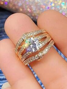 3-Piece Set Of Fashionable Luxury Gold Sparkling Synthetic  Gold Ring For Girls, A Gift Ring For Christmas And Valentine's Day Anniversary - 金色 - 查看 4