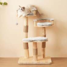 Solid Wood Cat Climbing Booth Designator - 98cm High, 3-Level Trampoline, Detachable Pillow And Toy Ball, Optical Imitation Of Clouds - Natural, Use, Cat Climbing - Grey - View 2