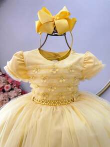 Vestido Infantil Amarelo C/ Apliques de Flores e Renda Luxo