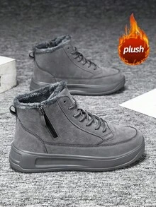 女士高帮雪地靴，保暖内衬，加厚，拉链，皮革材质，保暖，防水，户外，中筒，时尚，百搭，防滑，男女通用冬季靴，轻便，中帮，休闲运动鞋