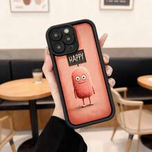 Funda para telefono con borde negro color coral con estampado de personaje peludo rosa y texto HAPPY ideal para uso diario en cafeterias y espacios urbanos Aplicable a los teléfonos de la serie Apple y Galaxy - Blanco - Ver 3