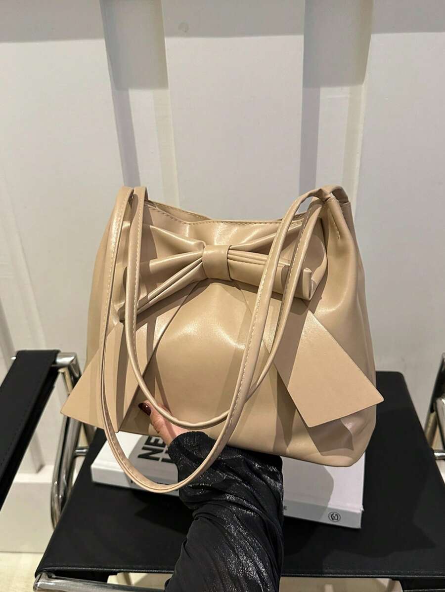 1个纯色PU皮革女士单肩包，超轻便携，时尚蝴蝶结装饰，优雅大容量，完美的情人节礼物，蝴蝶结钱包，最佳情人节礼物之选 - 卡其色 - 查看 1