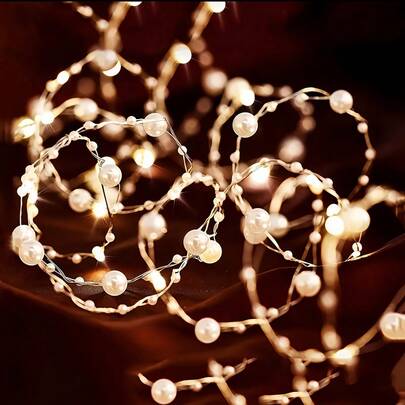 1 pezzo Eleganti luci a stringa a LED a forma di perla finta, 20/30/50/100 LED Ghirlanda di fiori di perle bianche, luci fatate, alimentate a batteria (batterie non incluse), adatte per festival, matrimoni, vacanze, compleanni, feste, Natale, San Valentino, Ringraziamento, decorazione domestica fai-da-te, design moderno, illuminazione alla moda, acquirenti di articoli per le vacanze, organizzatori di eventi