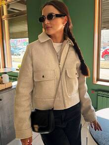 Women's Rice Pink Tweed Jacket Front Zip With Pockets Street Style Fall Winter Coat - Beige - View 4