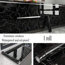 1 Roll Glossy Marble Wallpaper, Waterproof Vinyl Removable Wall Sticker, Suitable For Kitchen, Bathroom, Living Room, Cabinet, Furniture Decoration, Wall Decor, Autumn Aesthetic Paper Wall Paper Wall Stickers Room Decor Bedroom Decor - Black and White - View 3