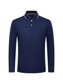 Men's Contrast Trim Long Sleeve Golf Polo Shirt, Half Button Collar Color Soft Light Block Business Casual Work Shirt For Boyfriend Gift, For Golf, For Daily Wear, For Tennis, For Spring/Autumn - Navy Blue - View 3