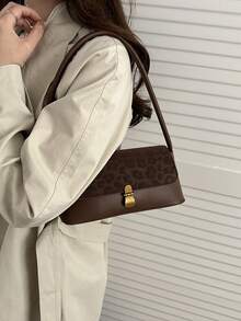Soft PU Leather Metal Lock Decor Retro Shell Baguette Bag, Women's Shoulder Bag, New Ladies Handbag, Small Square Bag - Coffee - View 6
