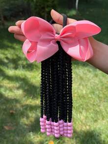 1条迷人可拆卸10英寸合成卷曲编织马尾假发，带珠子装饰 - 非常适合儿童派对和角色扮演 - 自然黑 - 查看 13