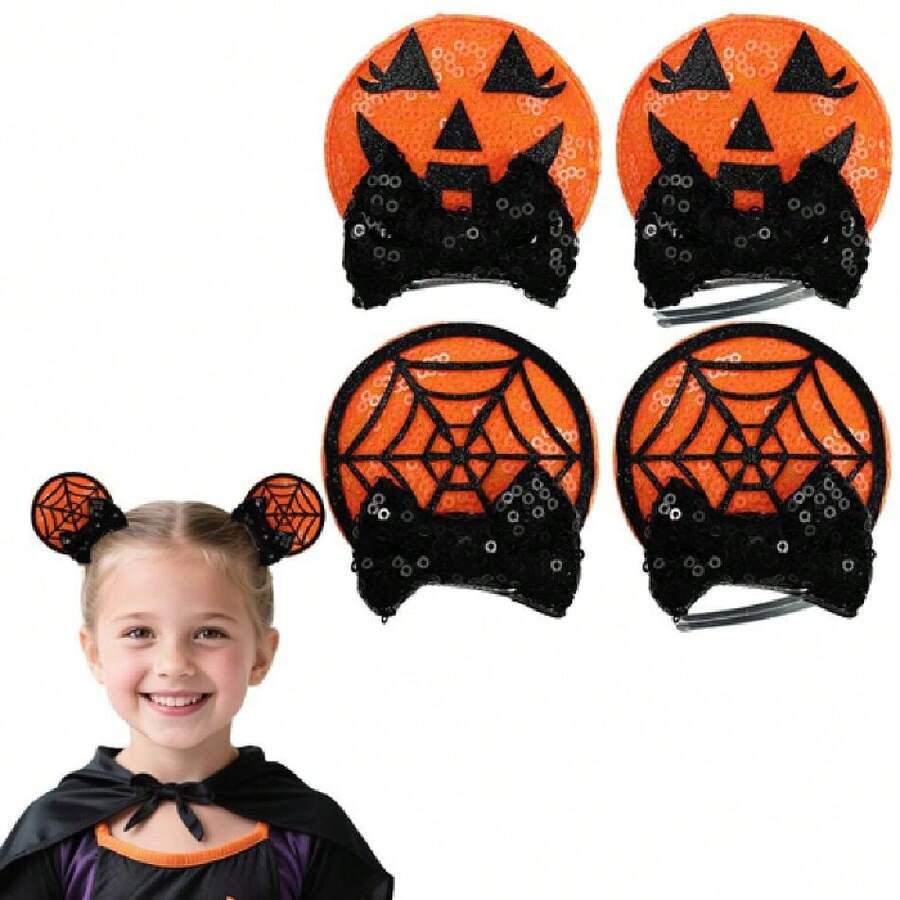 Halloween 2 Pairs Mouse Ear Clips With Glittering Sequin Bow, Girls' Hair Barrettes Hair Accessories For Theme Birthday Party Festival Dration (Halloween Clips),26524527 - 霧霾藍 - 查看 1