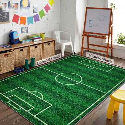  1 pièce Grand tapis de sol, tapis thème terrain de football vert, matériau de velours de luxe, style sportif énergique, tissu doux, confortable et durable, tapis rectangulaire, détails de terrain de football, antidérapant et facile à nettoyer, convient pour la chambre d'enfant, la zone de jeu, l'espace thématique sportif, tapis de décoration de la maison, usage quotidien, choix parfait pour la décoration thématique sportive