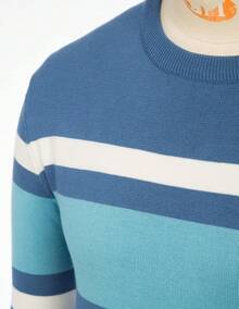 Jersey de cuello redondo a rayas para hombres, suéter de punto fino con contraste - Azul vaquero - Ver 7