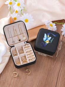 1 Peça Caixa de Joias Minimalista com Floral e Letra, Caixa de Joias Portátil de PU para Viagens de Verão, Mini Organizador de Joias para Brincos, Colares, Anéis, Exibição e Armazenamento de Joias, Caixa de Joias de Grande Capacidade, Adequada para Presentes do Dia das Mães, Natal, Halloween, Organizador de Joias Feminino, Essencial de Viagem, Armazenamento de Dormitório de Volta às Aulas - Preto - Visão 31