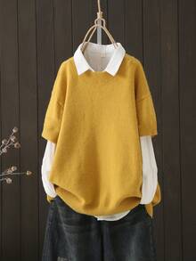 Suéter de cuello redondo de unicolor y manga corta, talla grande, para otoño/invierno