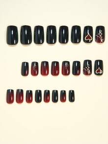 用24片中号方形美甲片表达你的爱意，优雅金心、红心、香槟金条纹、黑色美甲，时尚黑红渐变假指甲，全覆盖式假指甲，适合女性和女孩。包含美甲沙龙套装，内含1片果冻胶和1个指甲锉。果冻胶随机发货。 - 紅色 - 查看 3
