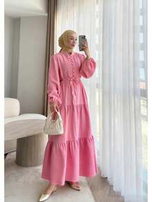 Vestido de mujer de manga farol con dobladillo de retazos, elegante, de unicolor, con botón en la cintura y nudo, para uso casual, fiesta de cumpleaños, evento formal, cita, otoño/invierno